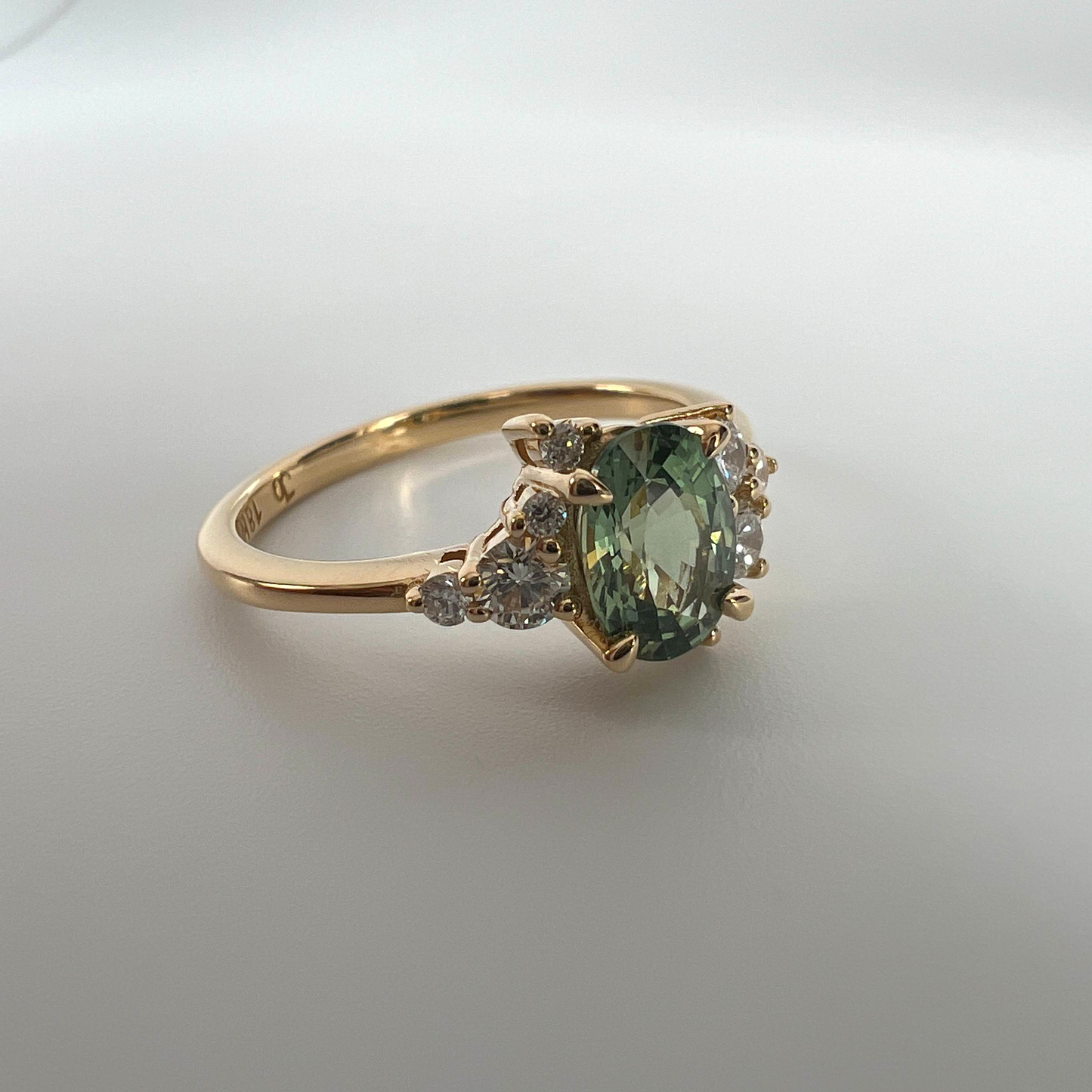 One of a Kind Green Sapphire and Diamond Asymmetrical Ring