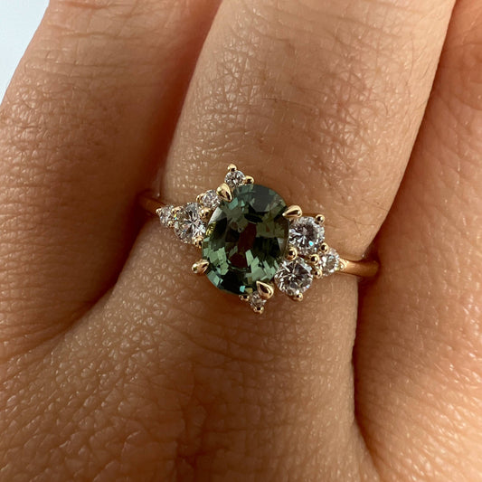 One of a Kind Green Sapphire and Diamond Asymmetrical Ring
