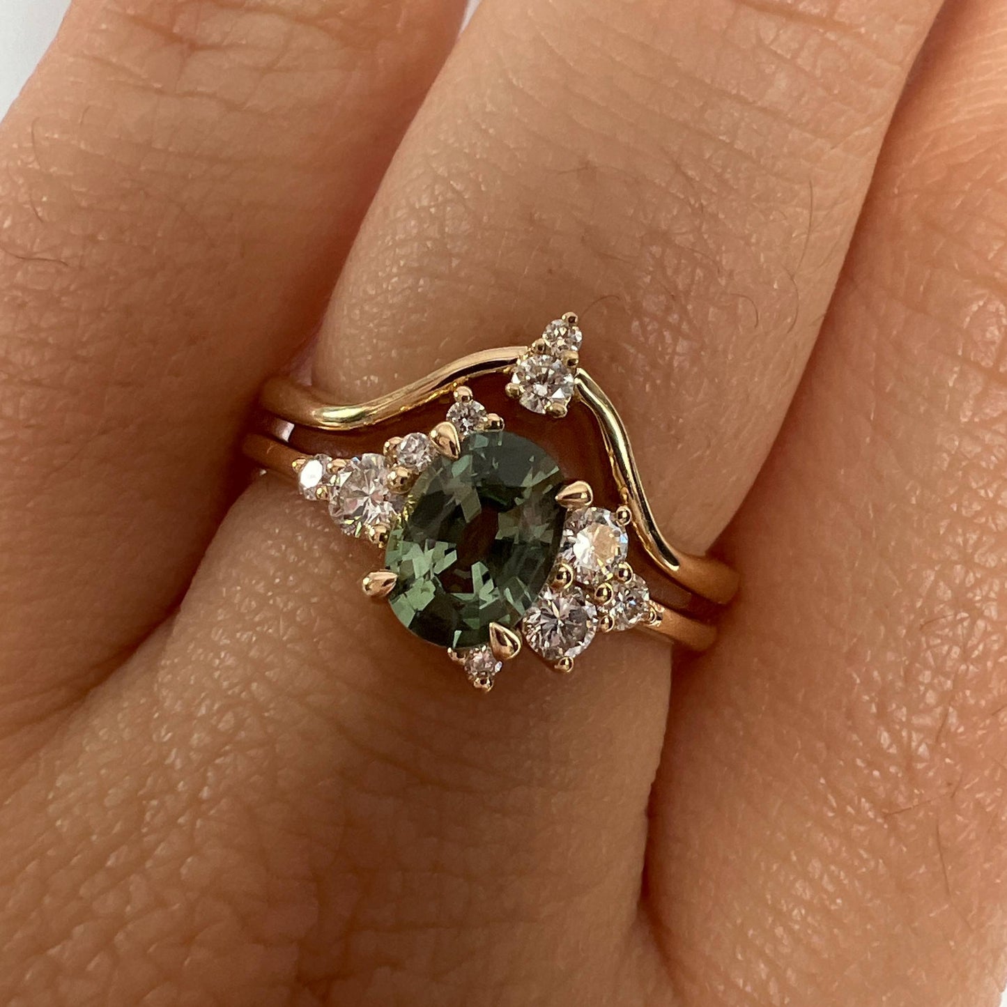 One of a Kind Green Sapphire and Diamond Asymmetrical Ring