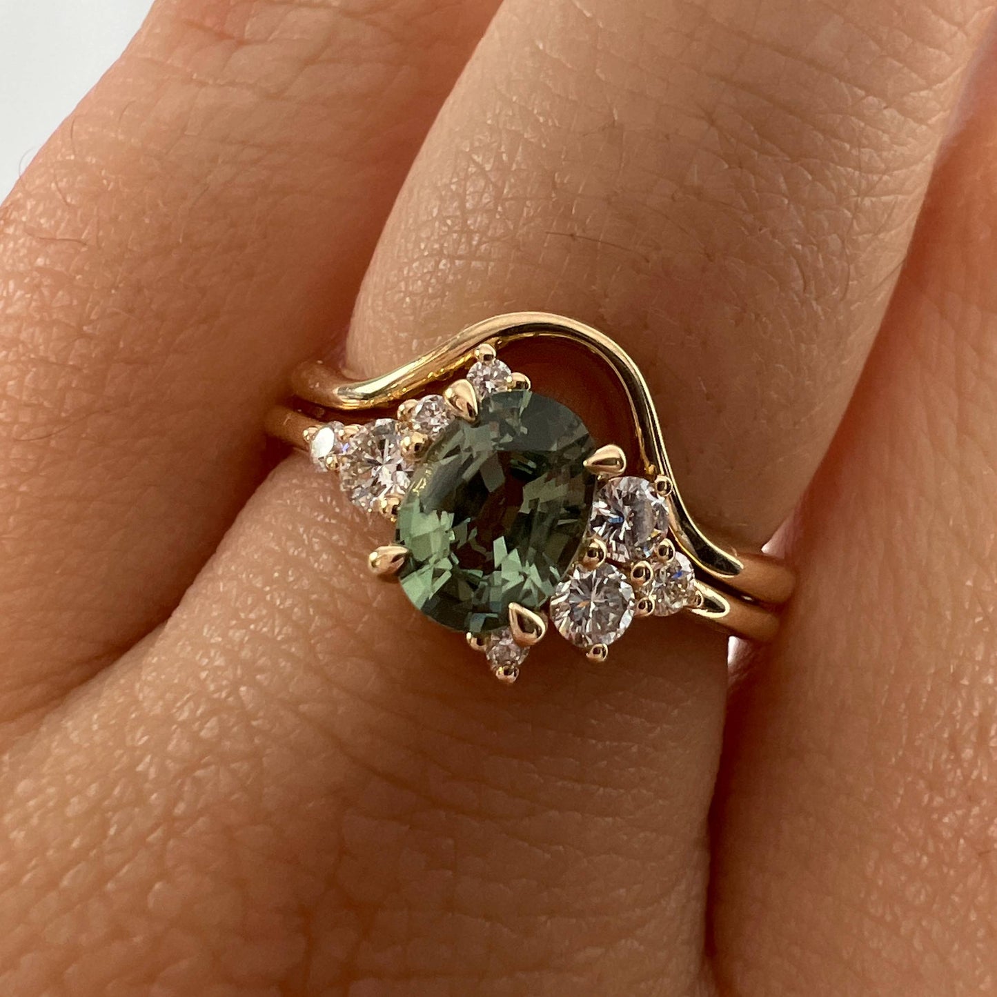 One of a Kind Green Sapphire and Diamond Asymmetrical Ring