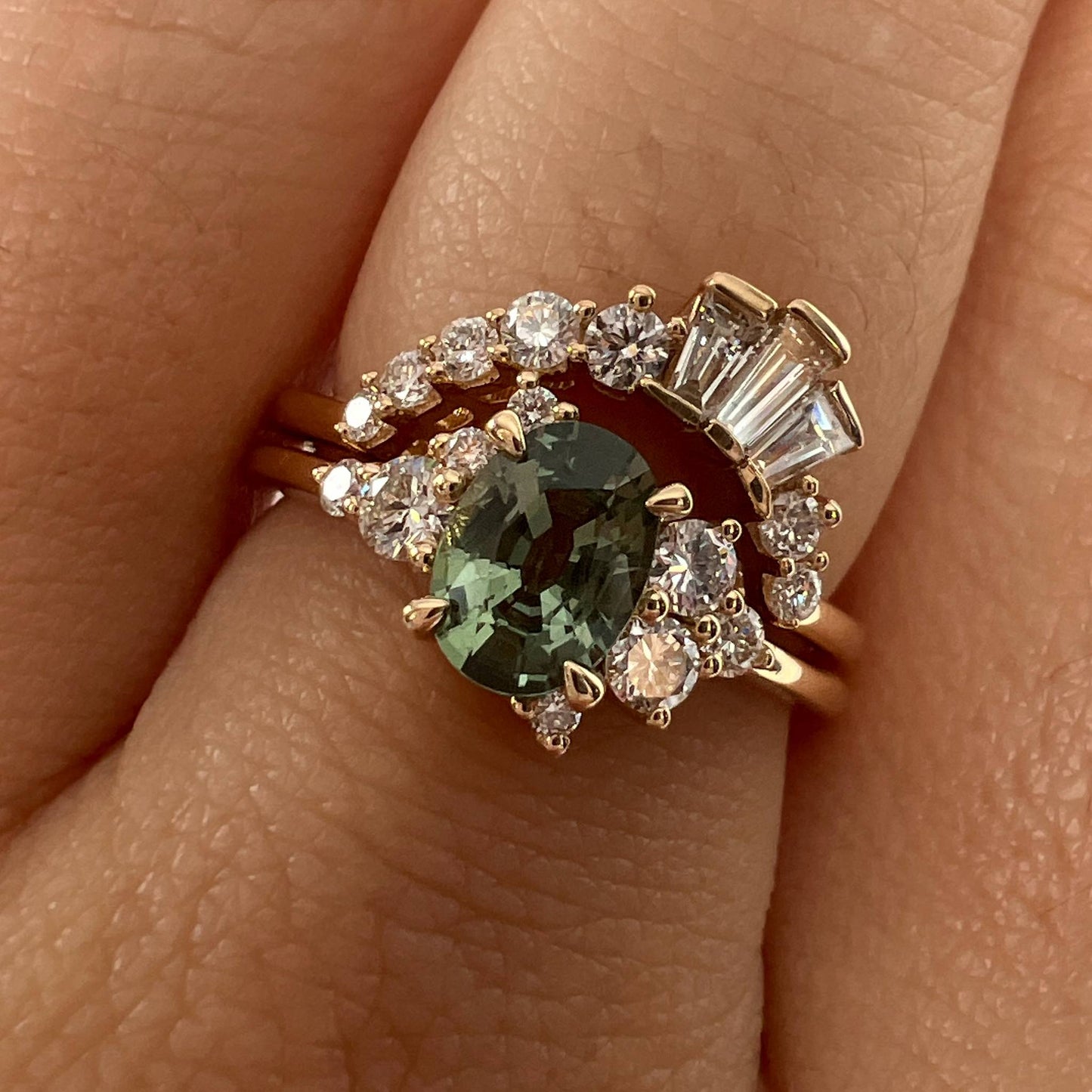 One of a Kind Green Sapphire and Diamond Asymmetrical Ring