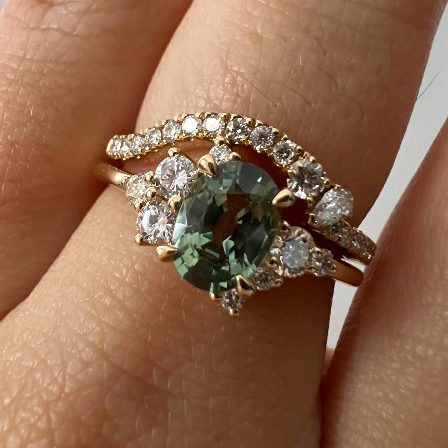 One of a Kind Green Sapphire and Diamond Asymmetrical Ring