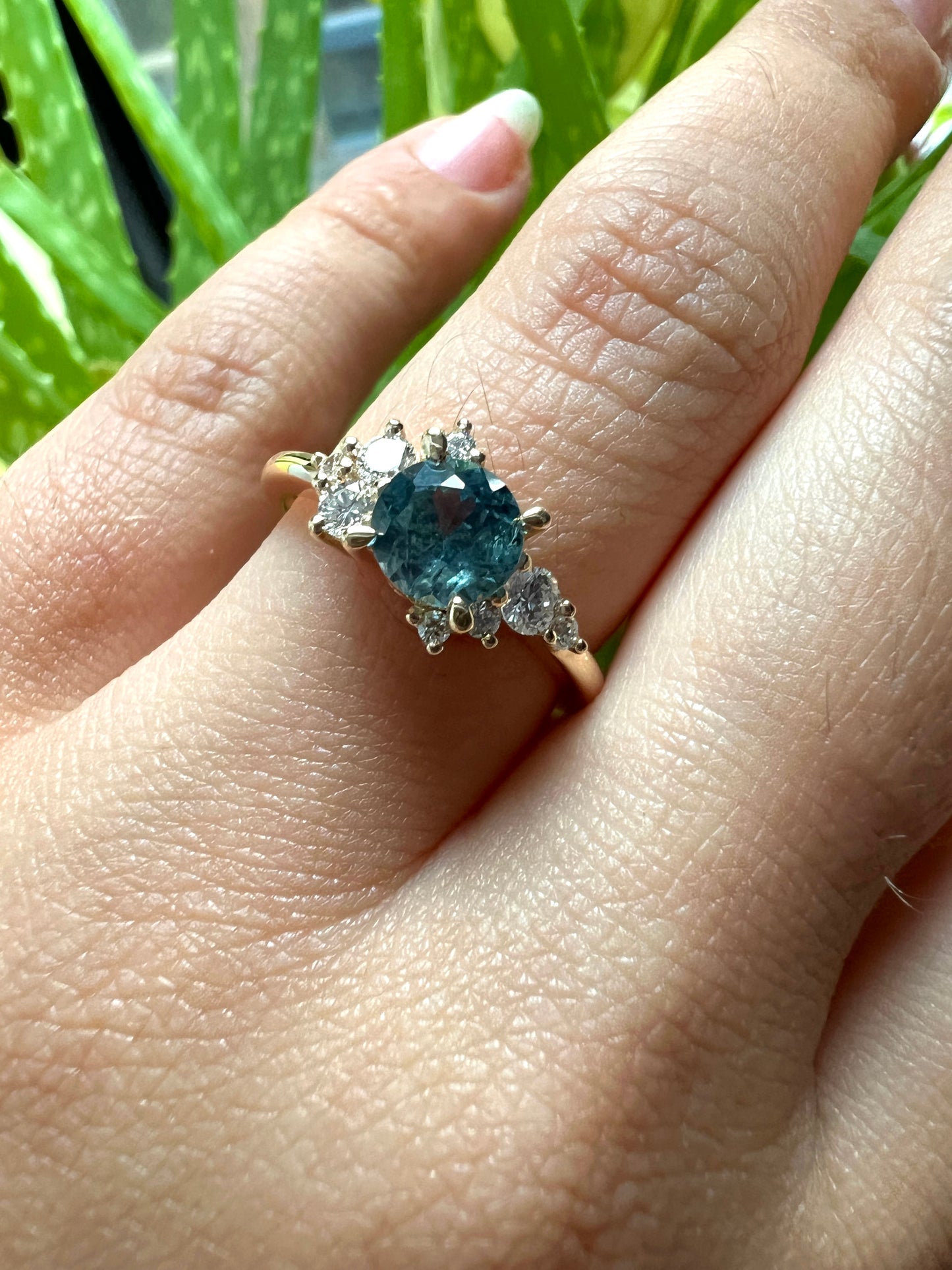 One of a kind navy blue sapphire & diamond cluster ring