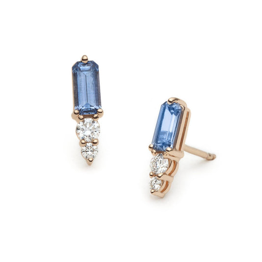 One of a Kind Elongated Sapphire and Diamond Studs