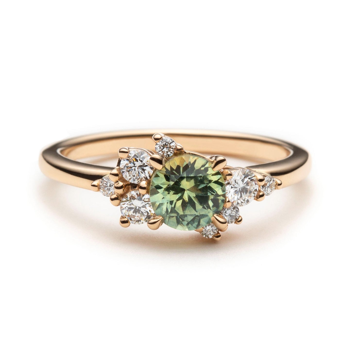 One of a Kind Light Green Sapphire and Diamond Asymmetric Ring