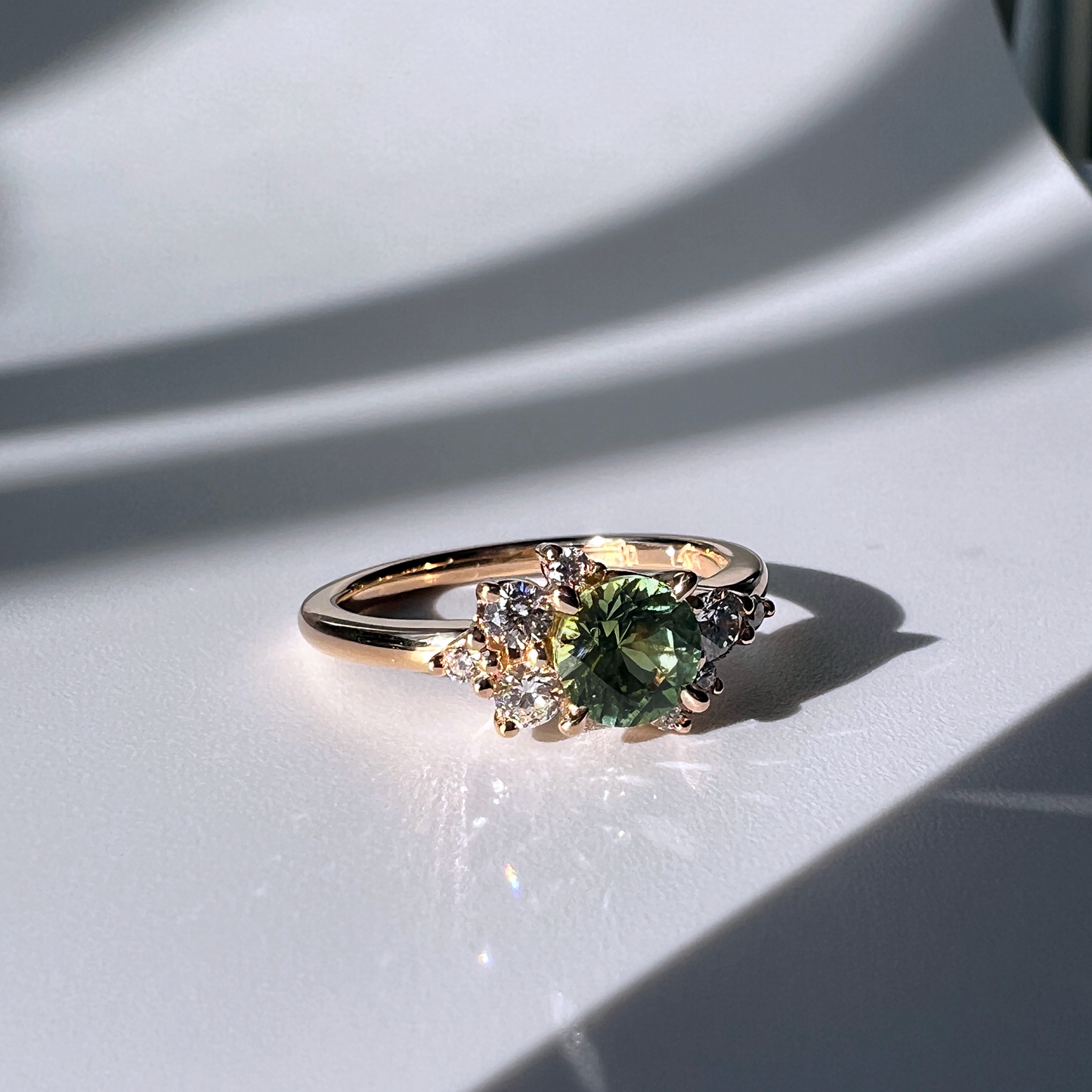 One of a Kind Light Green Sapphire and Diamond Asymmetric Ring