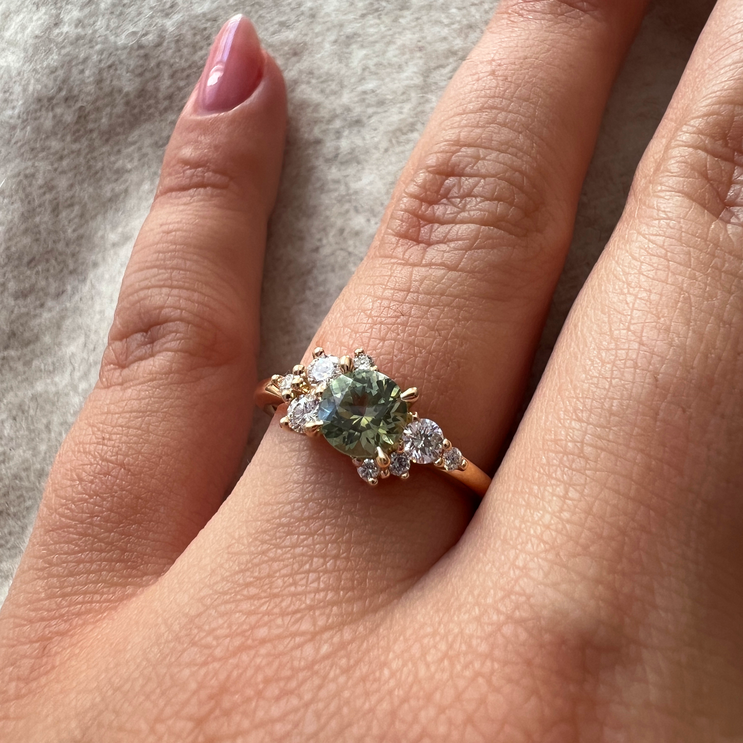 One of a Kind Light Green Sapphire and Diamond Asymmetric Ring