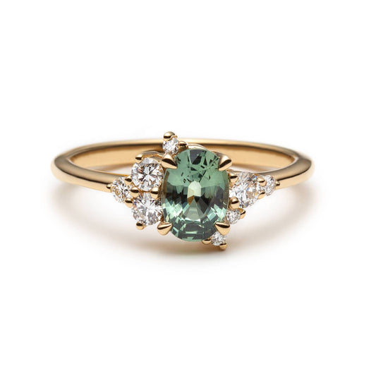 One of a Kind Green Sapphire and Diamond Asymmetrical Ring