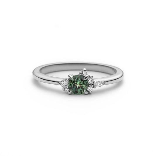 Dark Teal-Green Sapphire and Diamond Asymmetric Ring