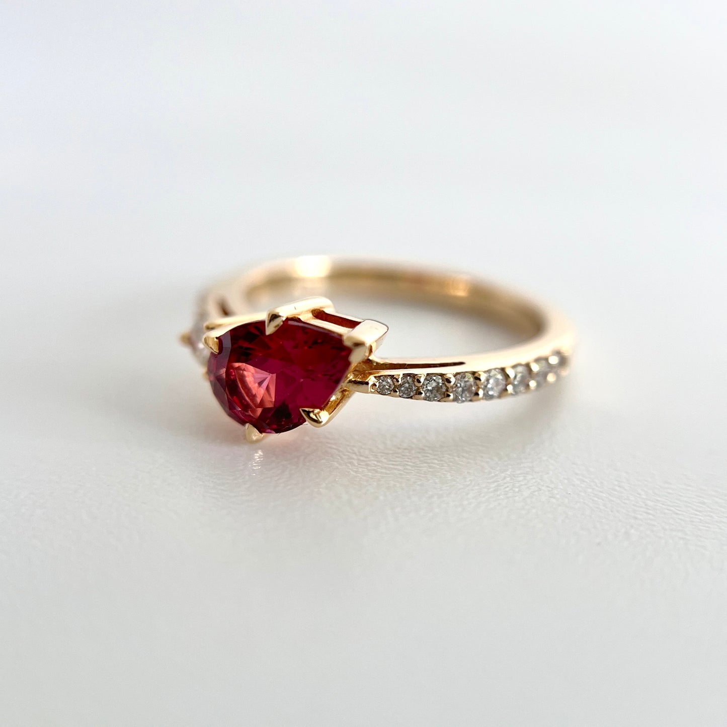 One of a kind raspberry spinel and diamond asymmetric ring