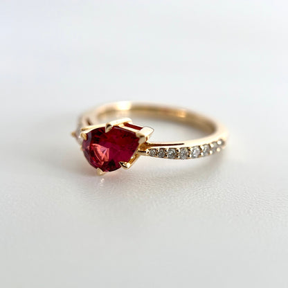 One of a kind raspberry spinel and diamond asymmetric ring