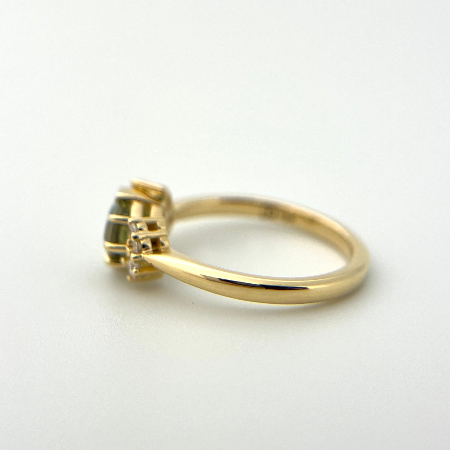 One of a Kind Geometric Trillion Cut Green Sapphire and Diamond Ring