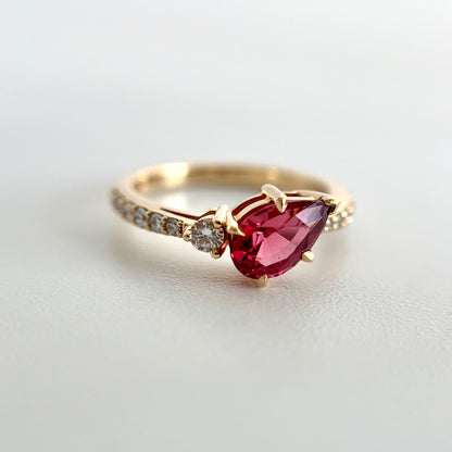 One of a kind raspberry spinel and diamond asymmetric ring