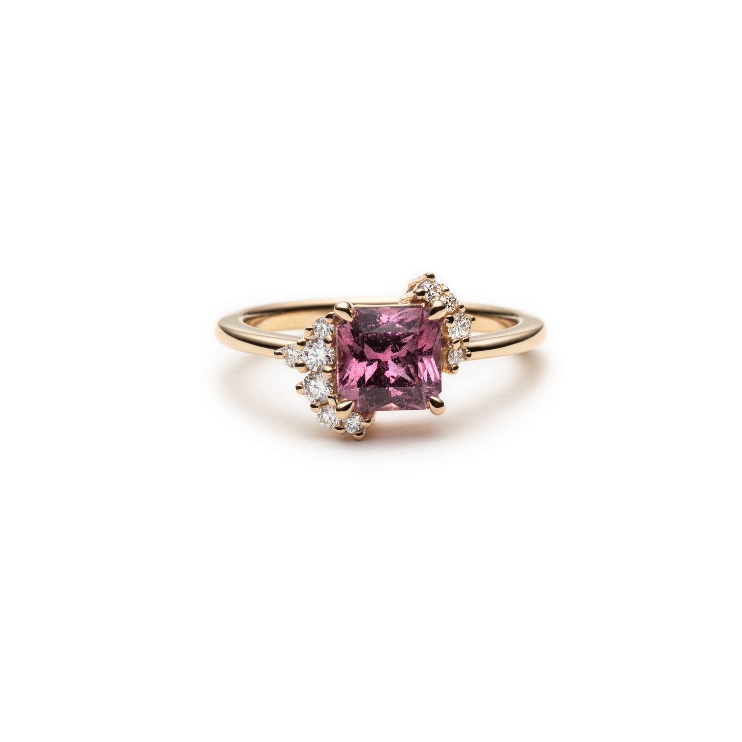 One of a Kind Bright Pink Radiant Cut Sapphire and Diamond Asymmetric Ring