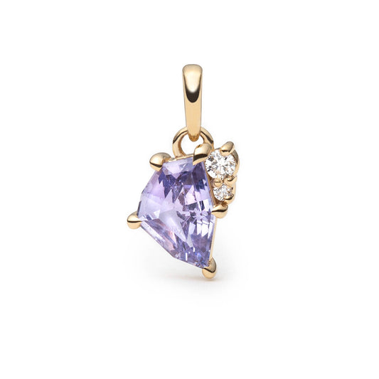 A gold pendant featuring a lavender freeform sapphire and a small cluster of clear round brilliant cut diamonds on the right side, set against a plain white background.