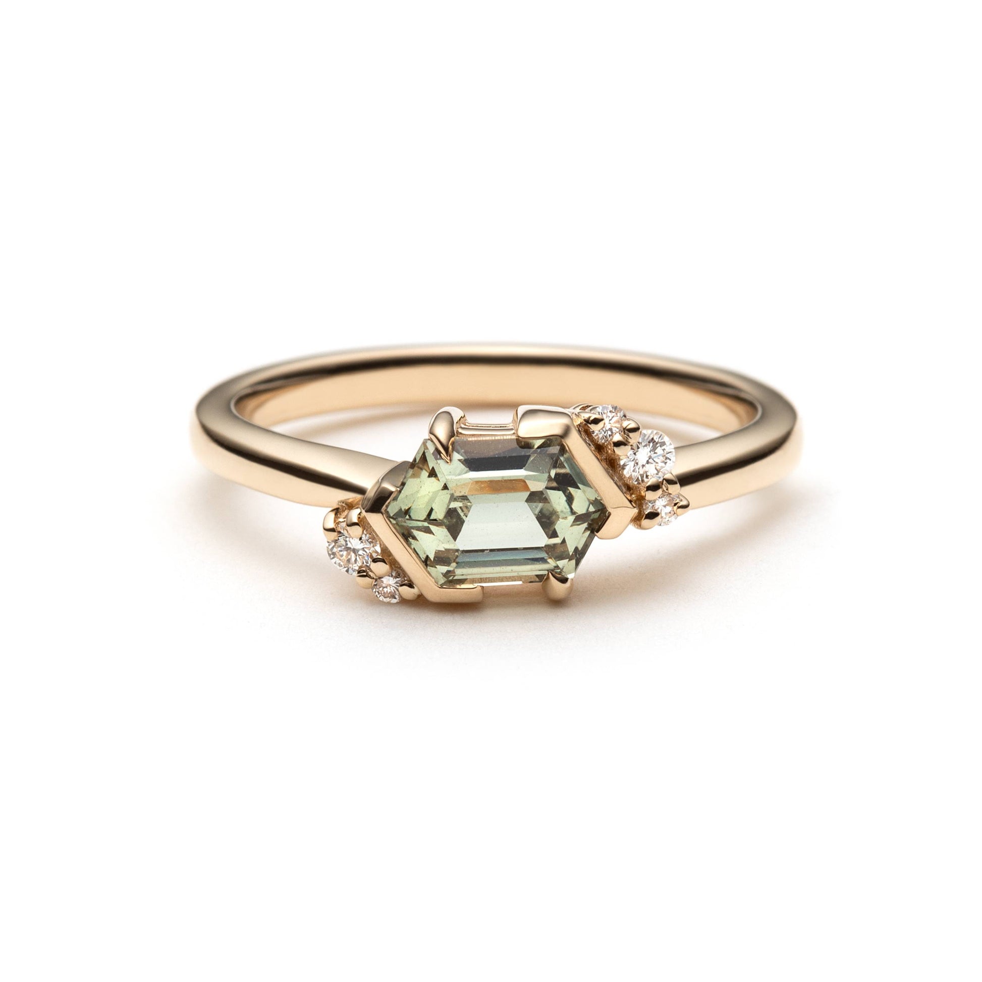 One-of-a-kind green hexagonal sapphire and diamond ring in 14k yellow gold