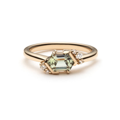 One-of-a-kind green hexagonal sapphire and diamond ring in 14k yellow gold