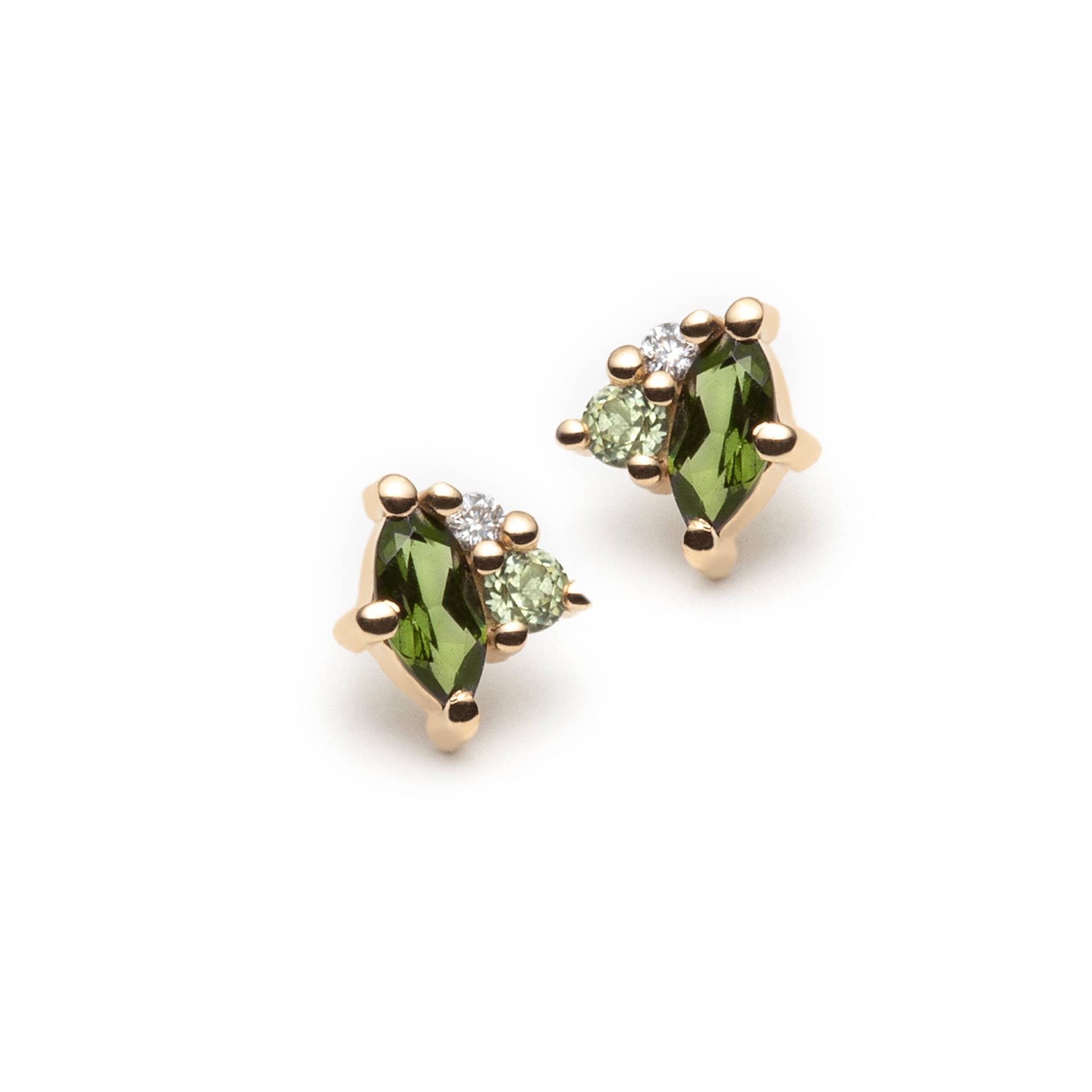 Green custer stud earrings set with green tourmalines, peridots and natural diamonds. The earrings are made in yellow gold. 
