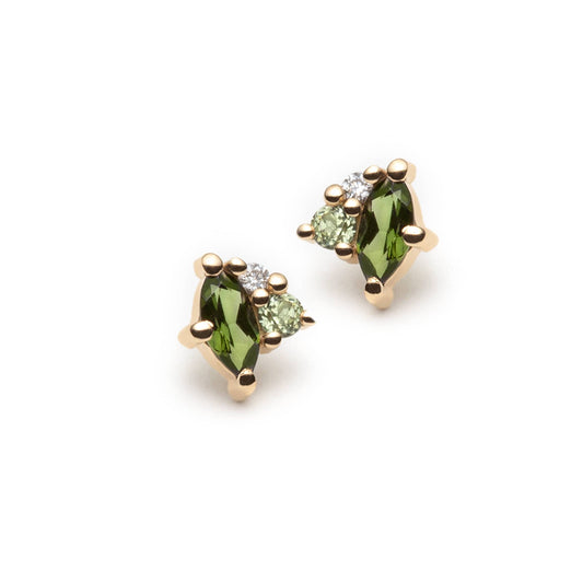 Green custer stud earrings set with green tourmalines, peridots and natural diamonds. The earrings are made in yellow gold. 