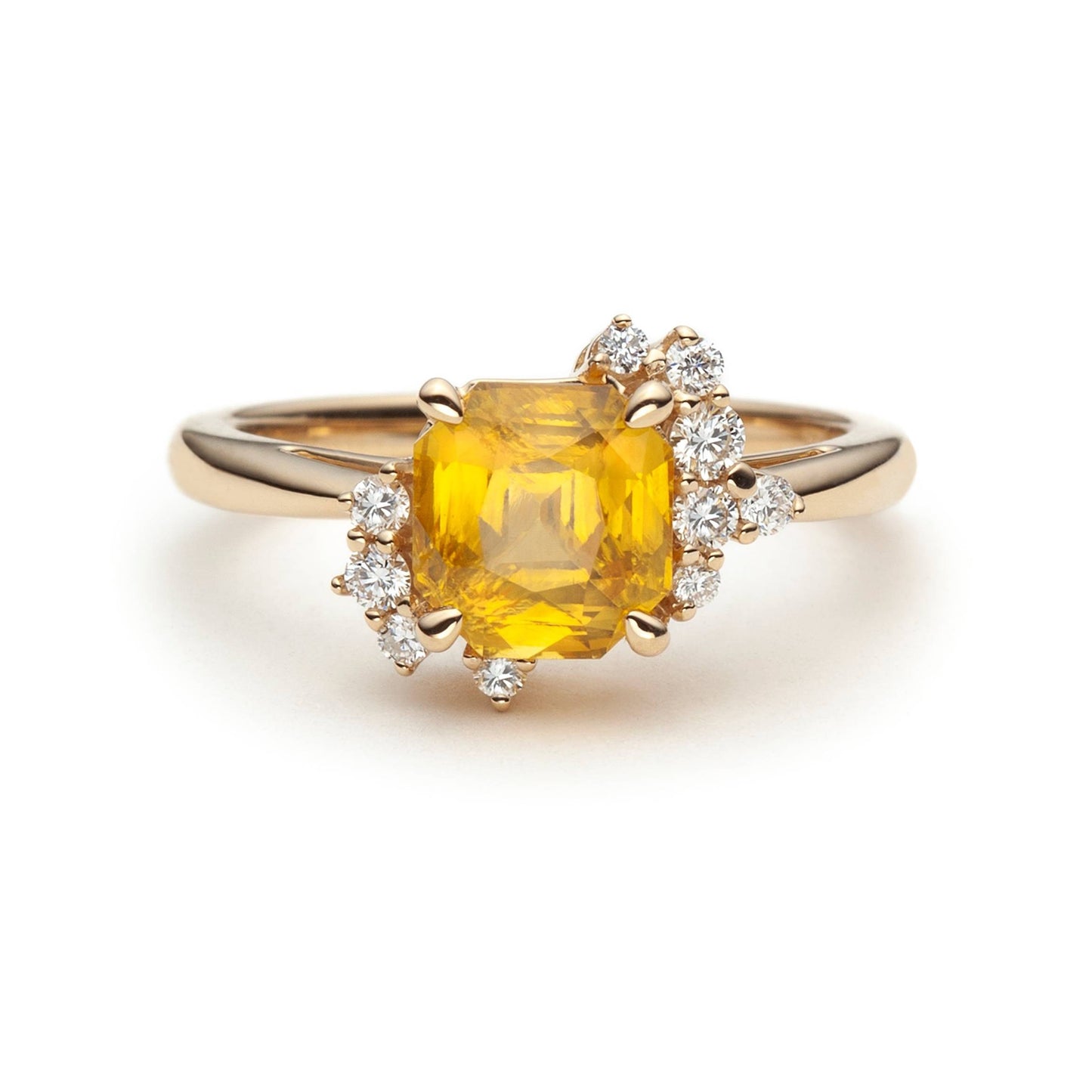 One of a kind yellow sapphire and diamond asymmetric ring