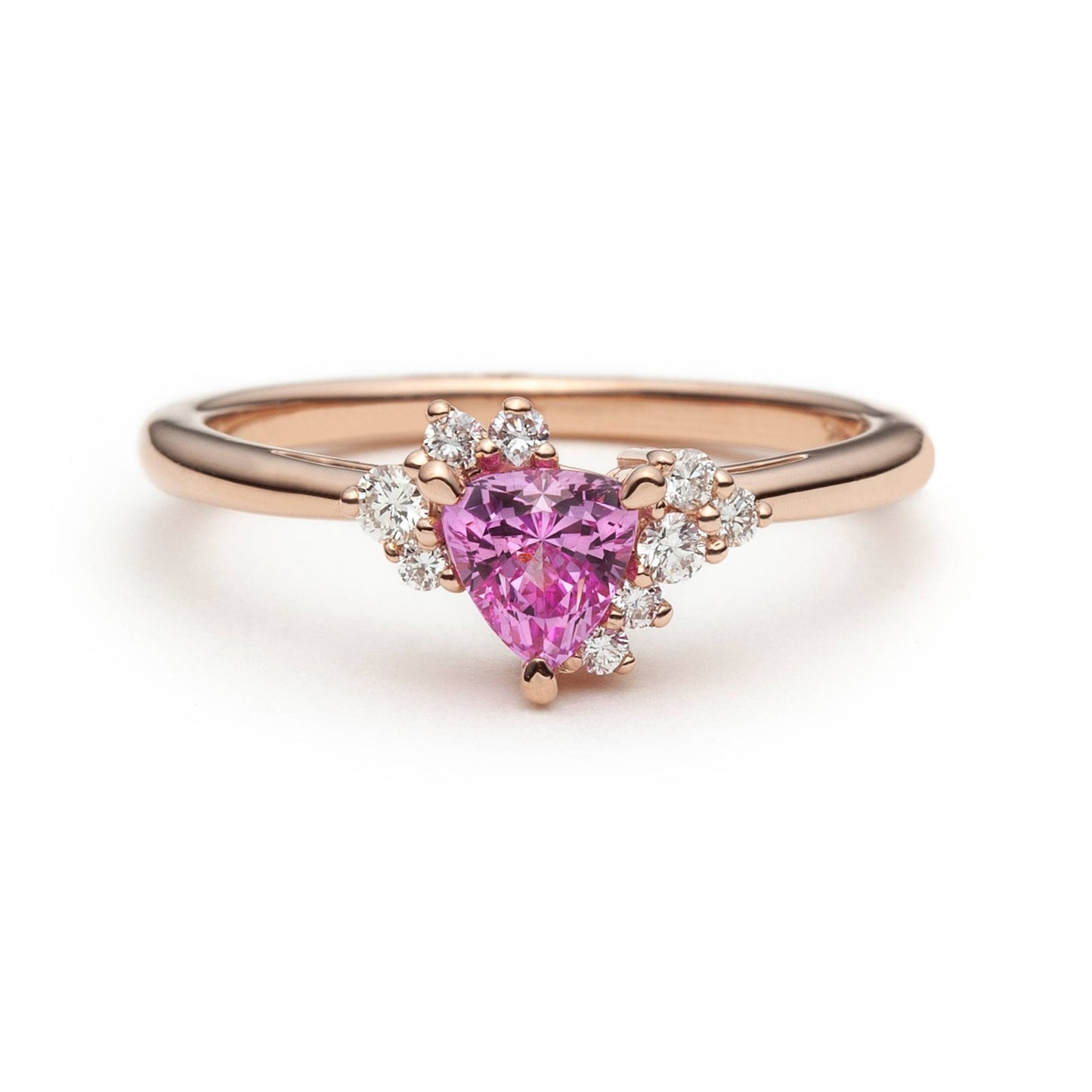 One of a kind pink trillion sapphire and diamond asymmetric ring