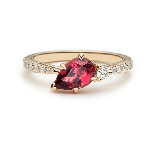 One of a kind raspberry spinel and diamond asymmetric ring