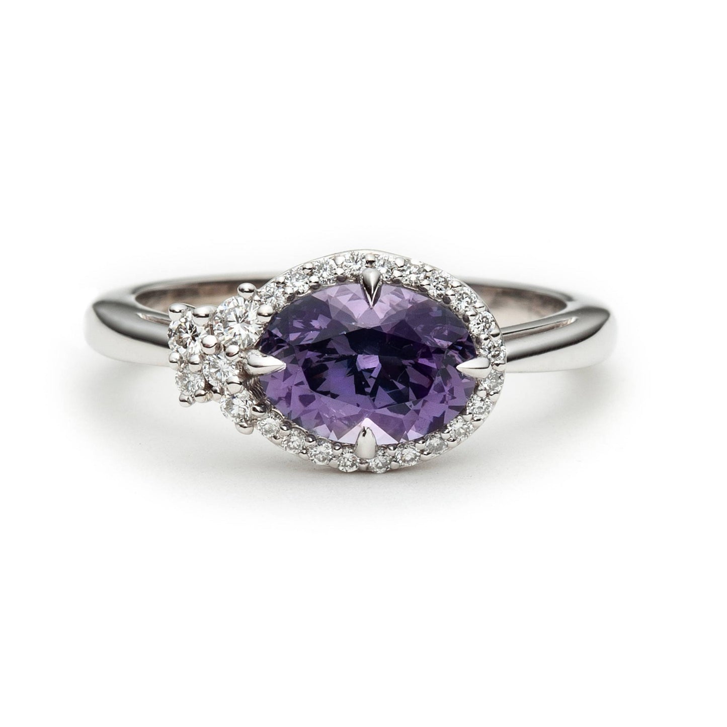 One of a kind purple spinel and diamond asymmetric ring