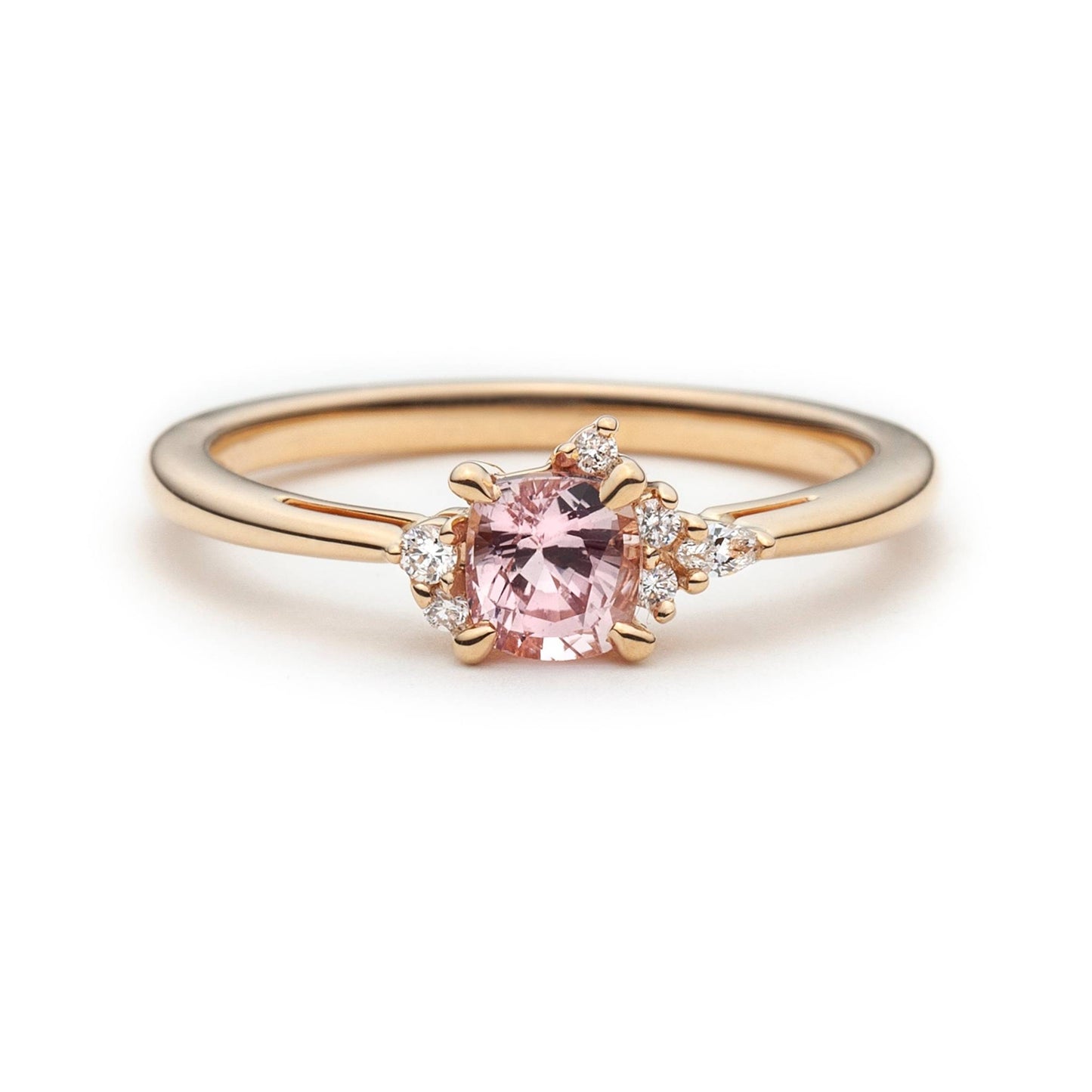 One of a kind peach sapphire and diamond asymmetric ring