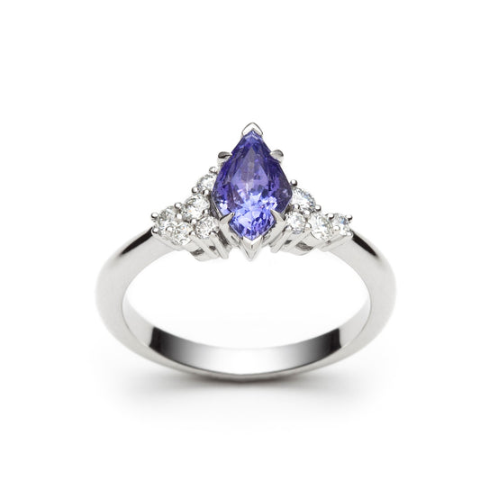 One of a kind asymmetric tanzanite and diamond ring