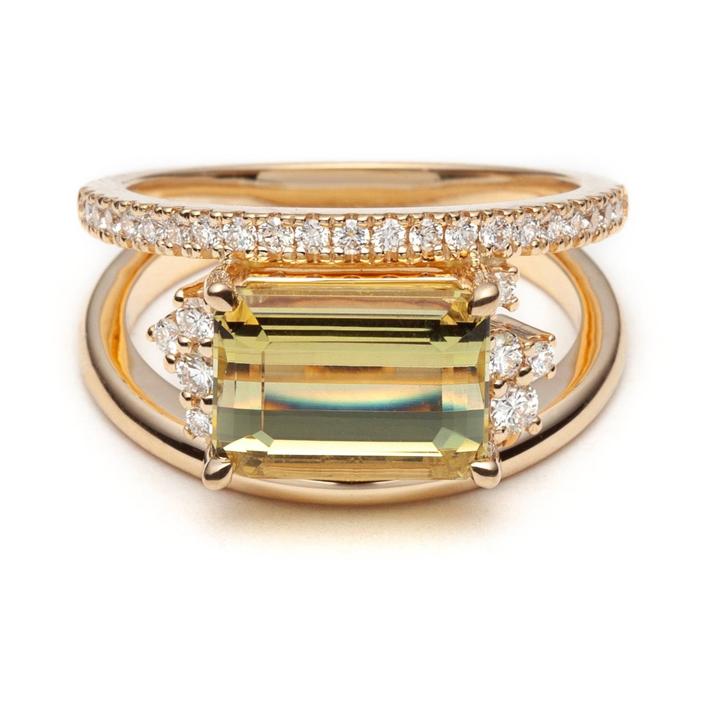 One of a Kind Asymmetric Golden Beryl and Diamond Ring