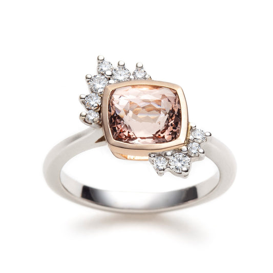 Asymmetric morganite and diamonds engagement ring