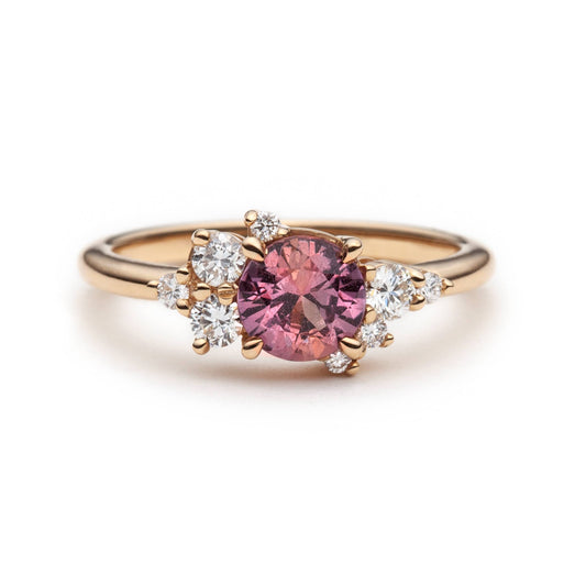 One of a Kind Dark Peach Sapphire and Diamond Asymmetric Ring