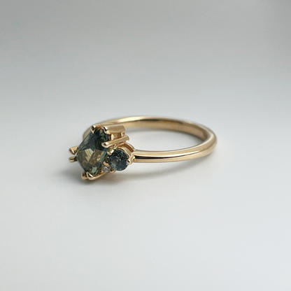 One of a Kind Geometric Teal sapphire Asymmetric Ring