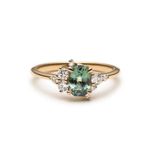 One of a Kind Green Sapphire and Diamond Asymmetrical Ring