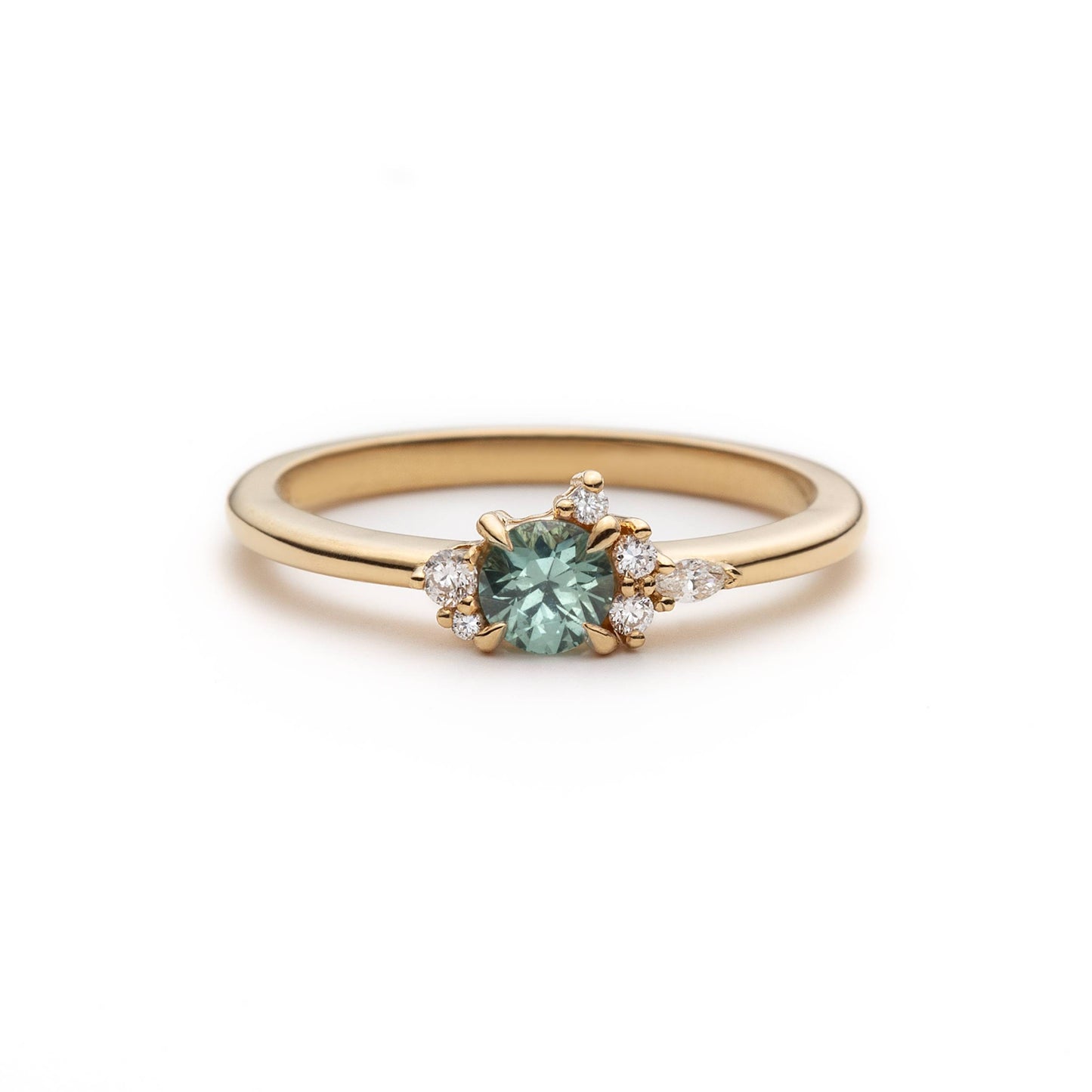 Bague Asymétrique avec Saphir Bleu-Vert et Diamants