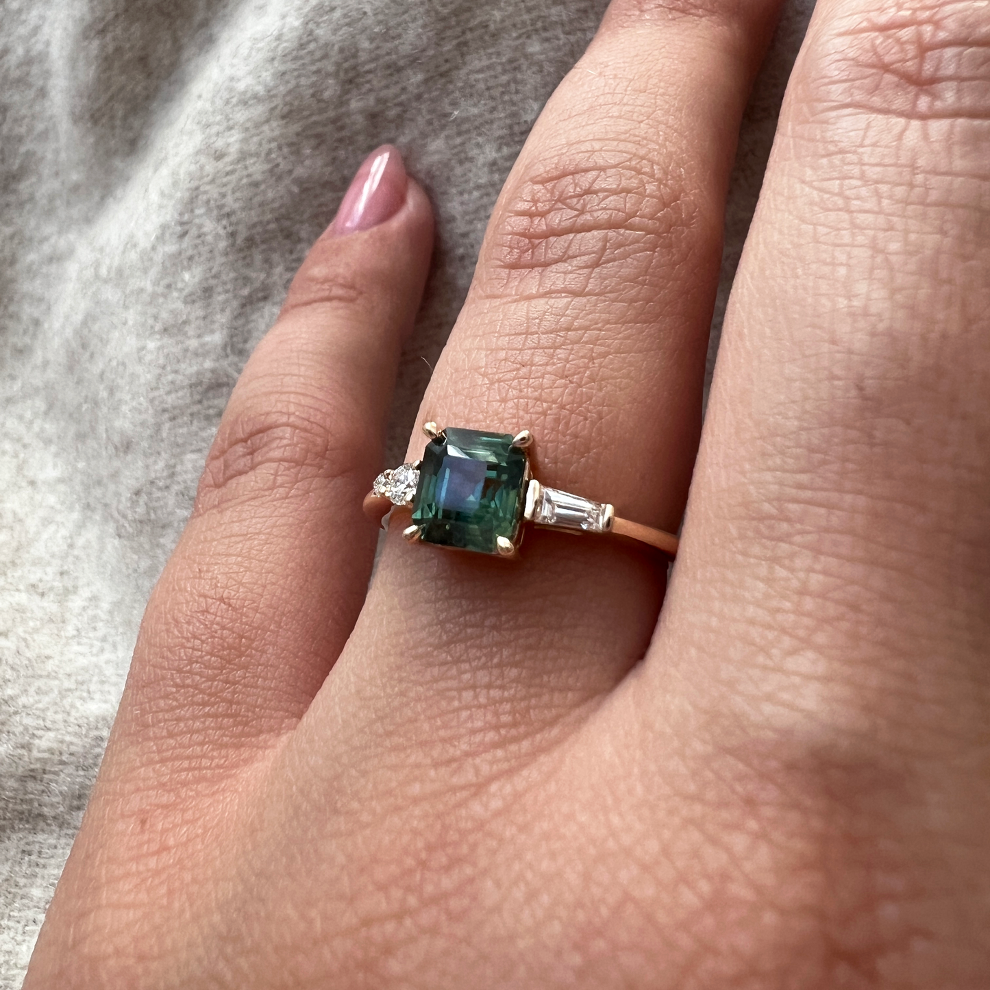 One of a Kind Geometric Milky Green Sapphire and Diamond Asymmetric Ring