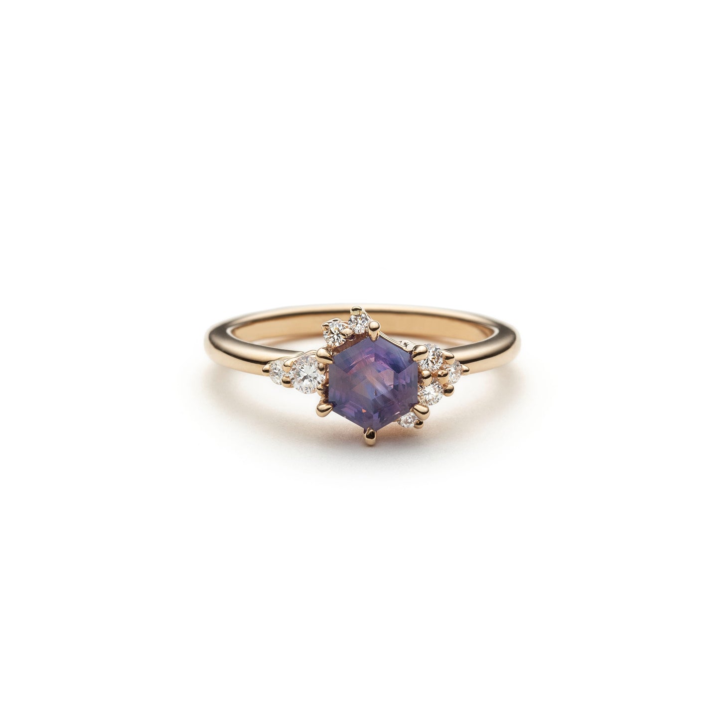 One of a kind Hexagon Opalescent Purple Sapphire and Diamond Asymmetric Ring