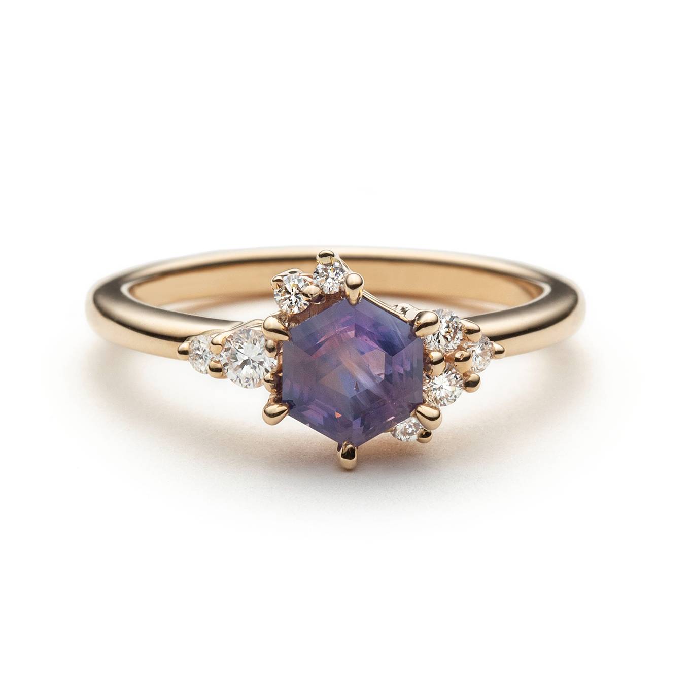 One of a kind Hexagon Opalescent Purple Sapphire and Diamond Asymmetric Ring