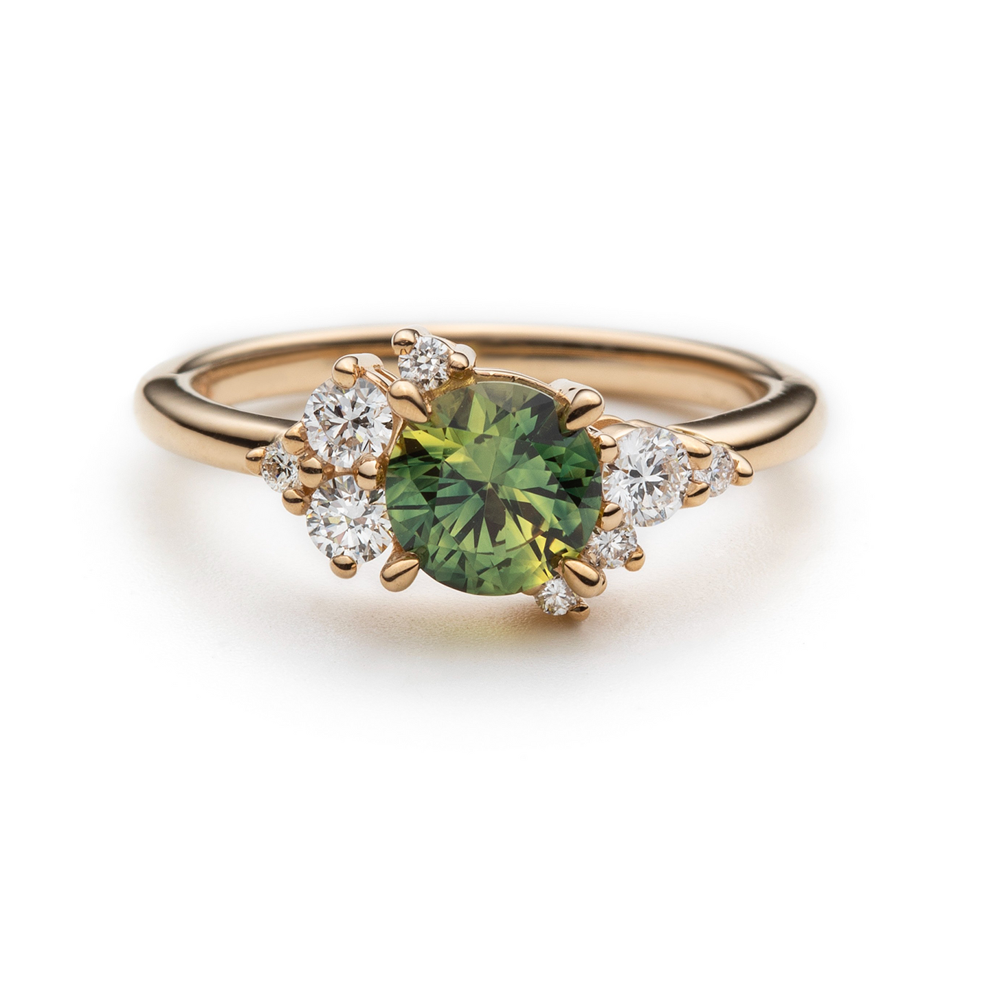 One of a Kind Yellowish-Green Sapphire and Diamond Asymmetric Ring