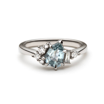 One of a Kind Geometric Pear Shape Teal Sapphire and Diamond Ring