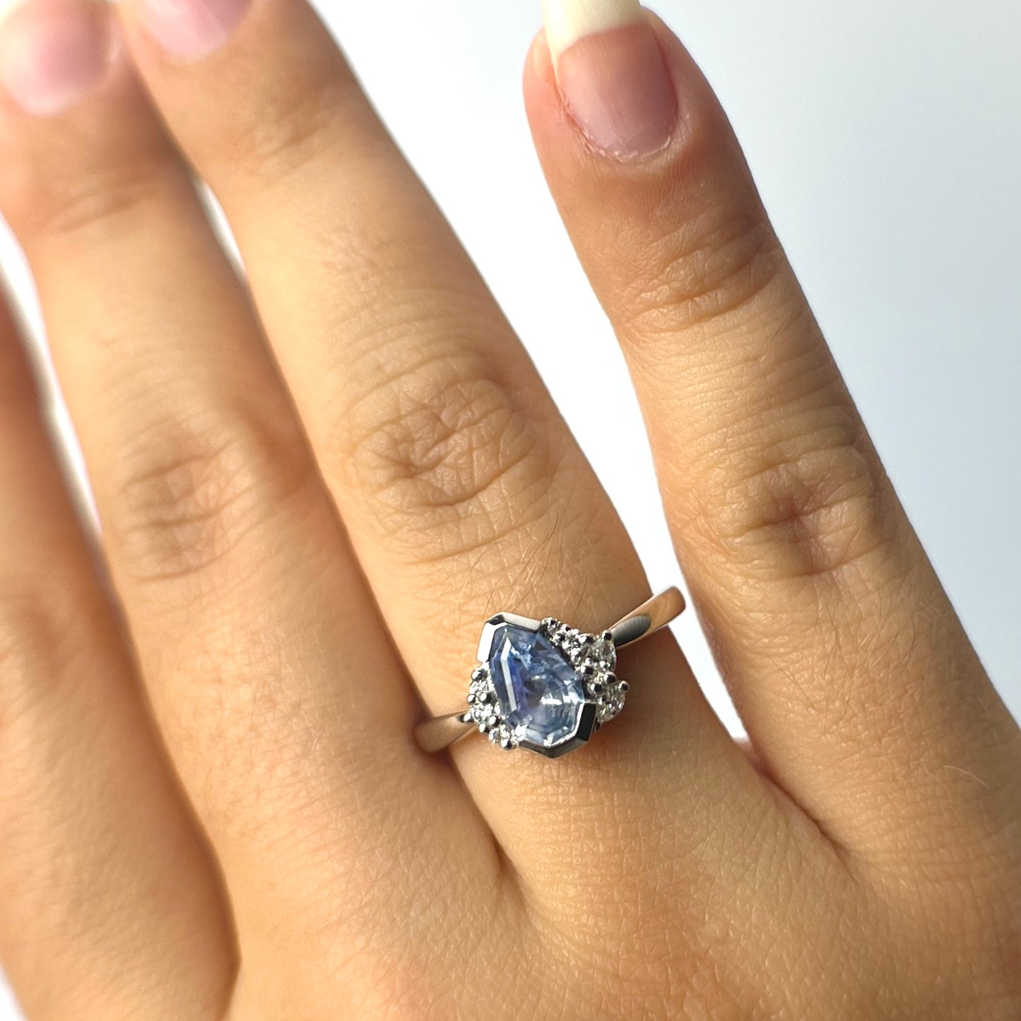 Unique platinum light blue sapphire and diamond ring, Sorbet Sapphire collaboration