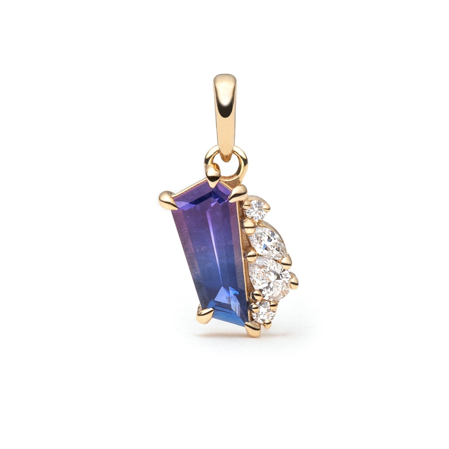 A gold pendant featuring a freeform blue-purple gradientsapphireand a cluster of round and marquise-cut natural diamondson the right, set against a plain white backgound