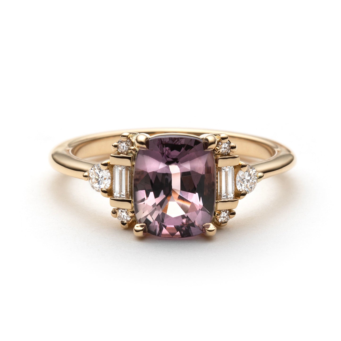 2.05ct unheated antique cushion cut brownish-pink Madagascar sapphire ring in 18k yellow gold, front view showing art deco diamond setting