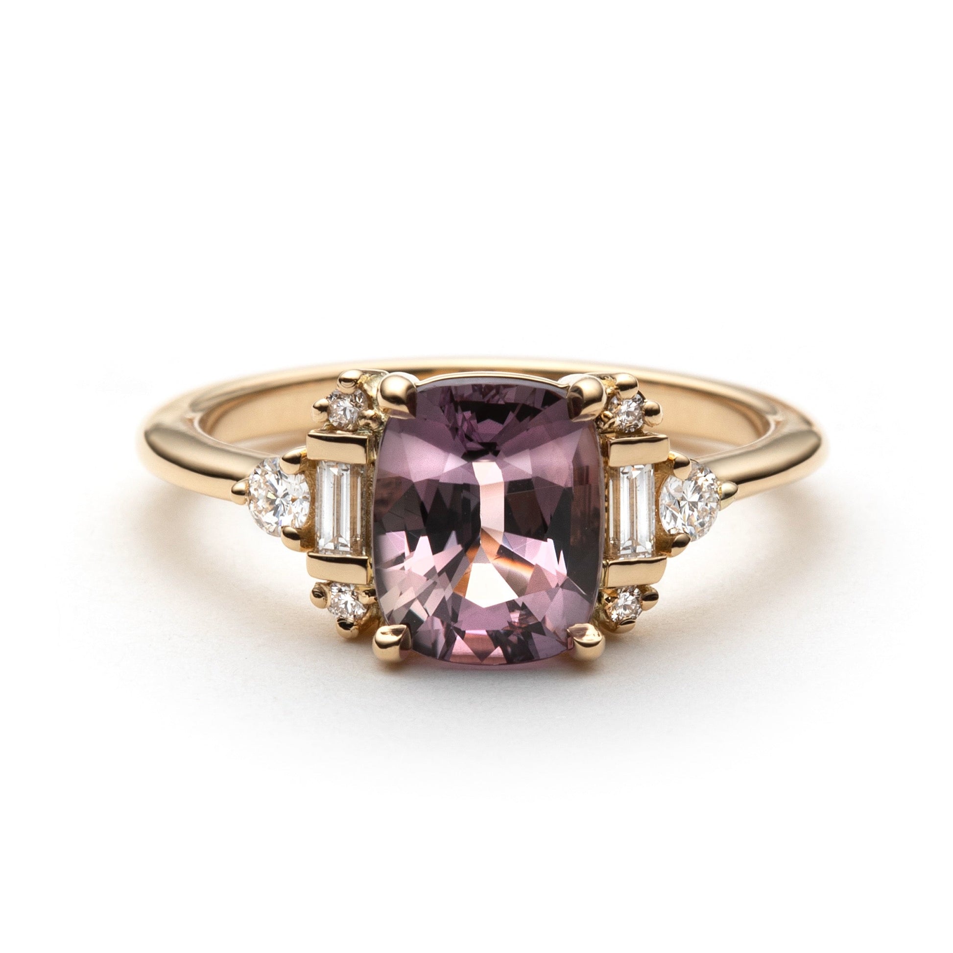 2.05ct unheated antique cushion cut brownish-pink Madagascar sapphire ring in 18k yellow gold, front view showing art deco diamond setting