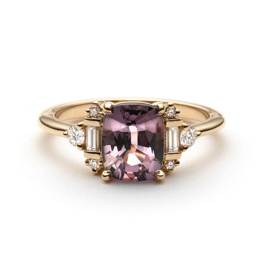 2.05ct unheated antique cushion cut brownish-pink Madagascar sapphire ring in 18k yellow gold, front view showing art deco diamond setting