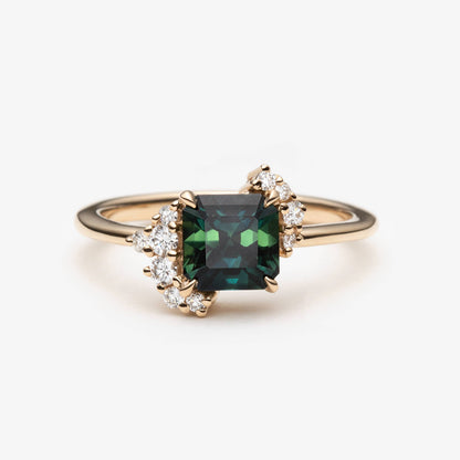 Bague en saphir australien vert-sarcelle taille radiant de 1,41ct avec accents de diamants en or jaune 14k