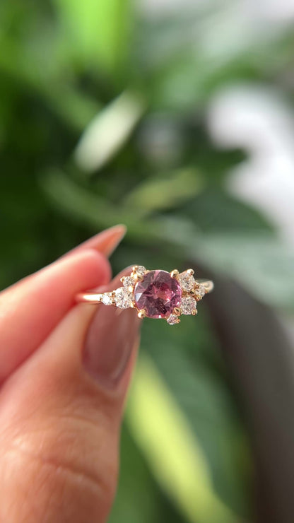 One of a Kind Dark Peach Sapphire and Diamond Asymmetric Ring