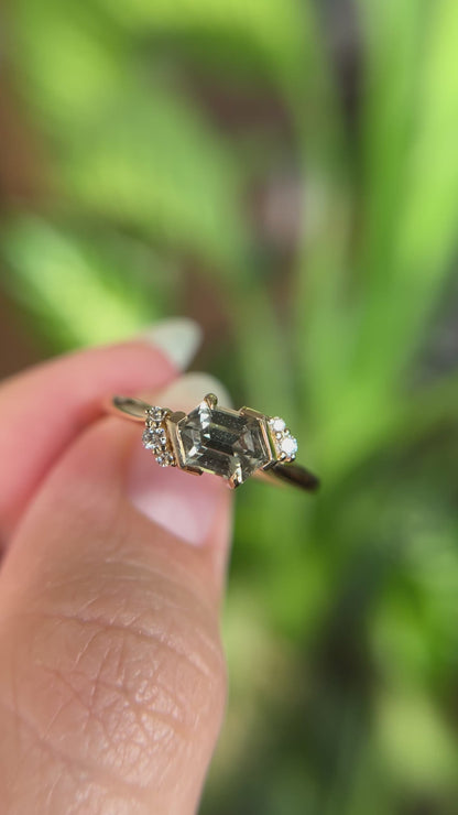 One of a Kind Hexagonal Green Sapphire and Diamond Ring