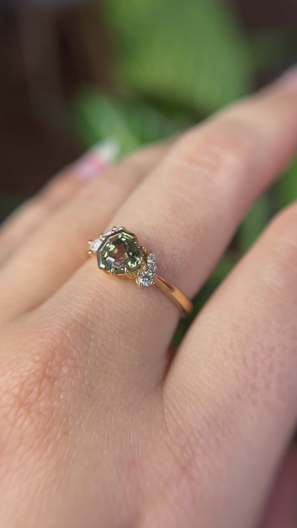 One of a Kind Geometric Trillion Cut Green Sapphire and Diamond Ring