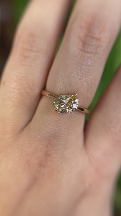 One of a Kind Shield Cut Yellow Sapphire and Diamond Ring